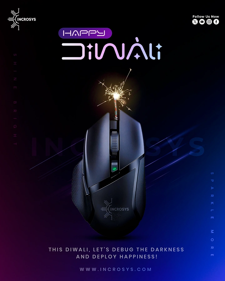 Diwali creative ad: Black gaming mouse with a lit sparkler fuse like a firecracker