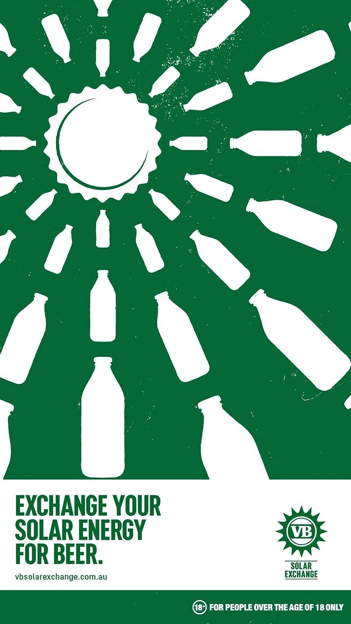 Solar & Energy creative ad: Bottle-cap sun radiating rays made of beer bottle silhouettes