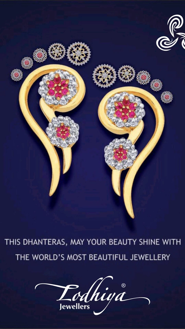 Dhanteras creative ad: Pair of gold ruby-diamond ear cuffs arranged as Lakshmi footprints