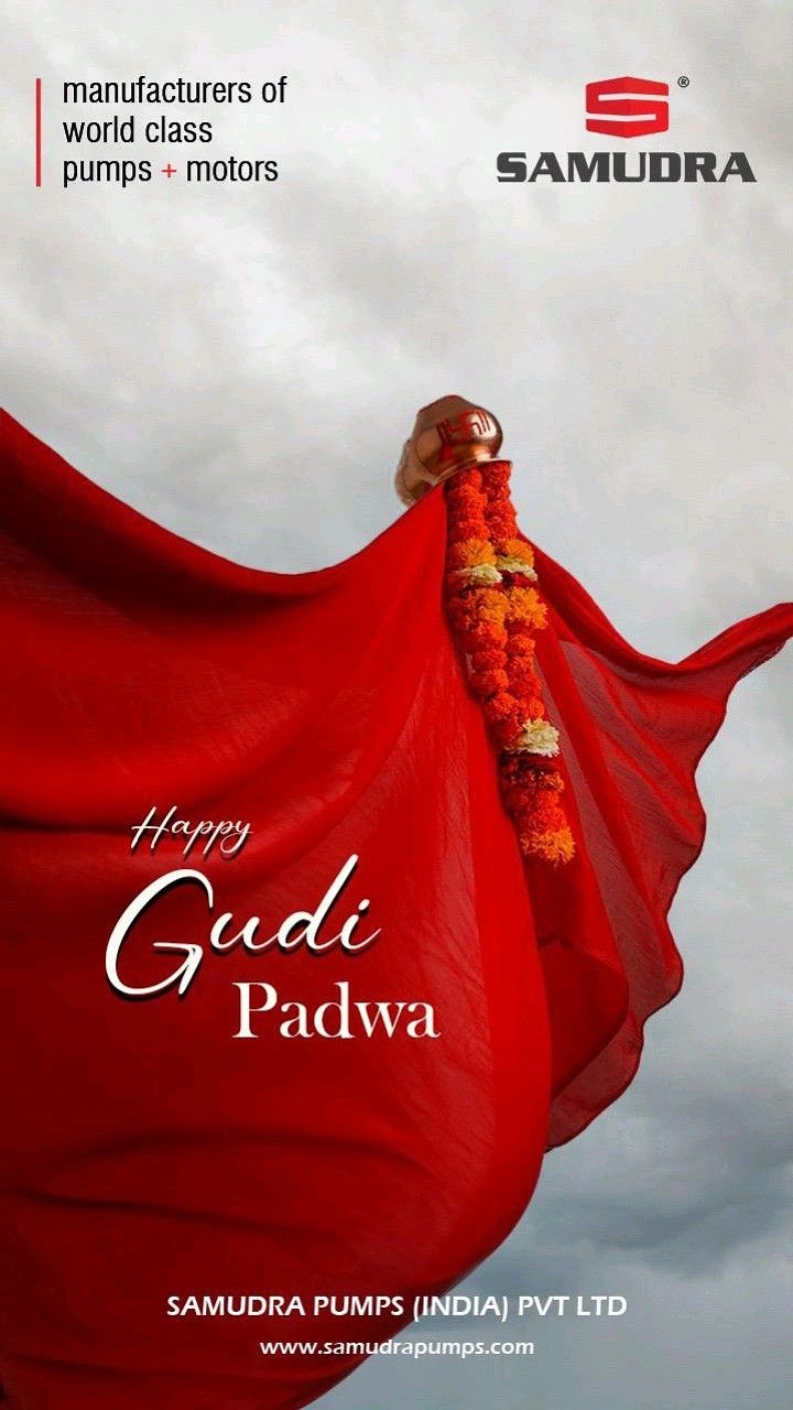 other-festival creative ad: Gudi with a flowing red saree and copper kalash against an overcast sky
