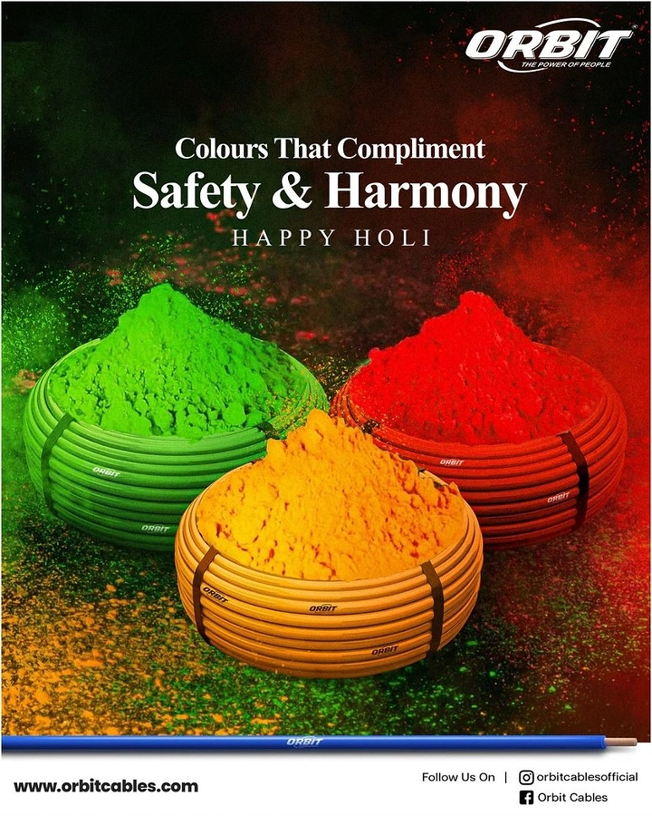 Holi creative ad: Coiled cables used as bowls heaped with gulal