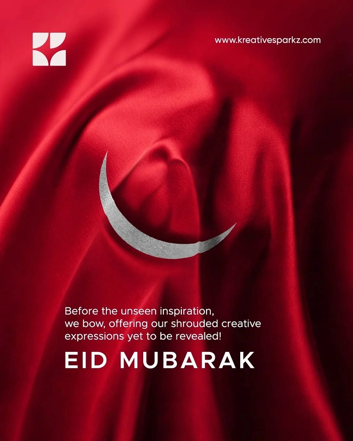 Eid creative ad: Silver crescent moon over crimson silk drapery