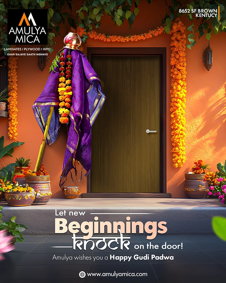 other-festival creative ad: Gudi beside a laminate-finished wooden door on a festive porch
