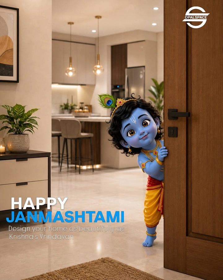 Janmashtami creative ad: Baby Krishna peeking from behind a door in a modern home