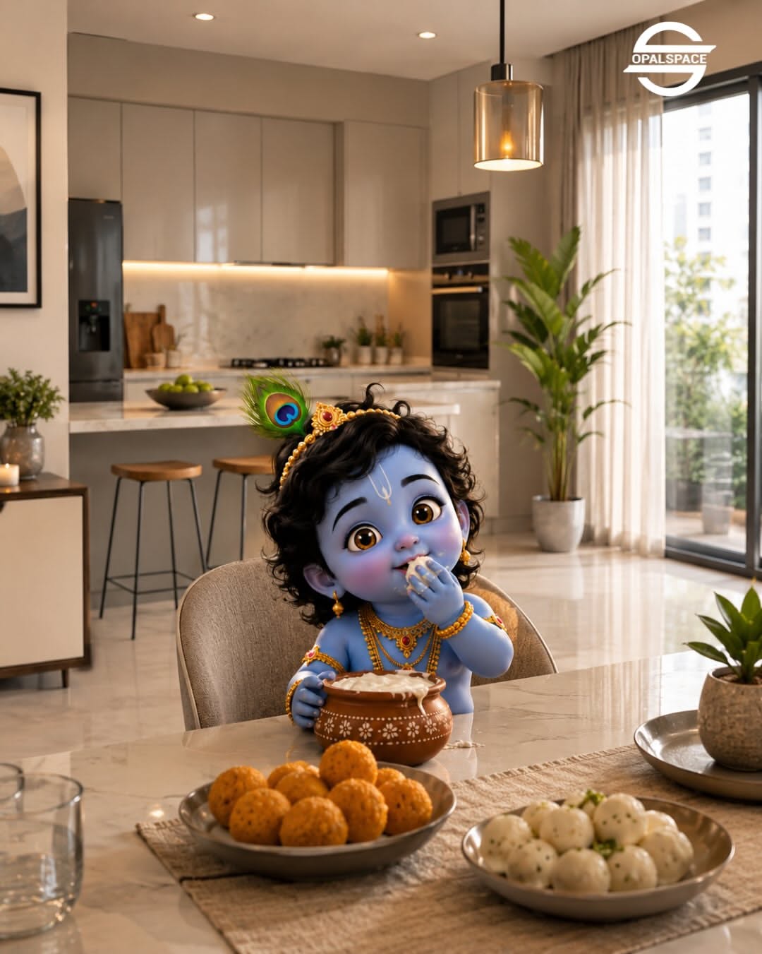 Baby Krishna peeking from behind a door in a modern home