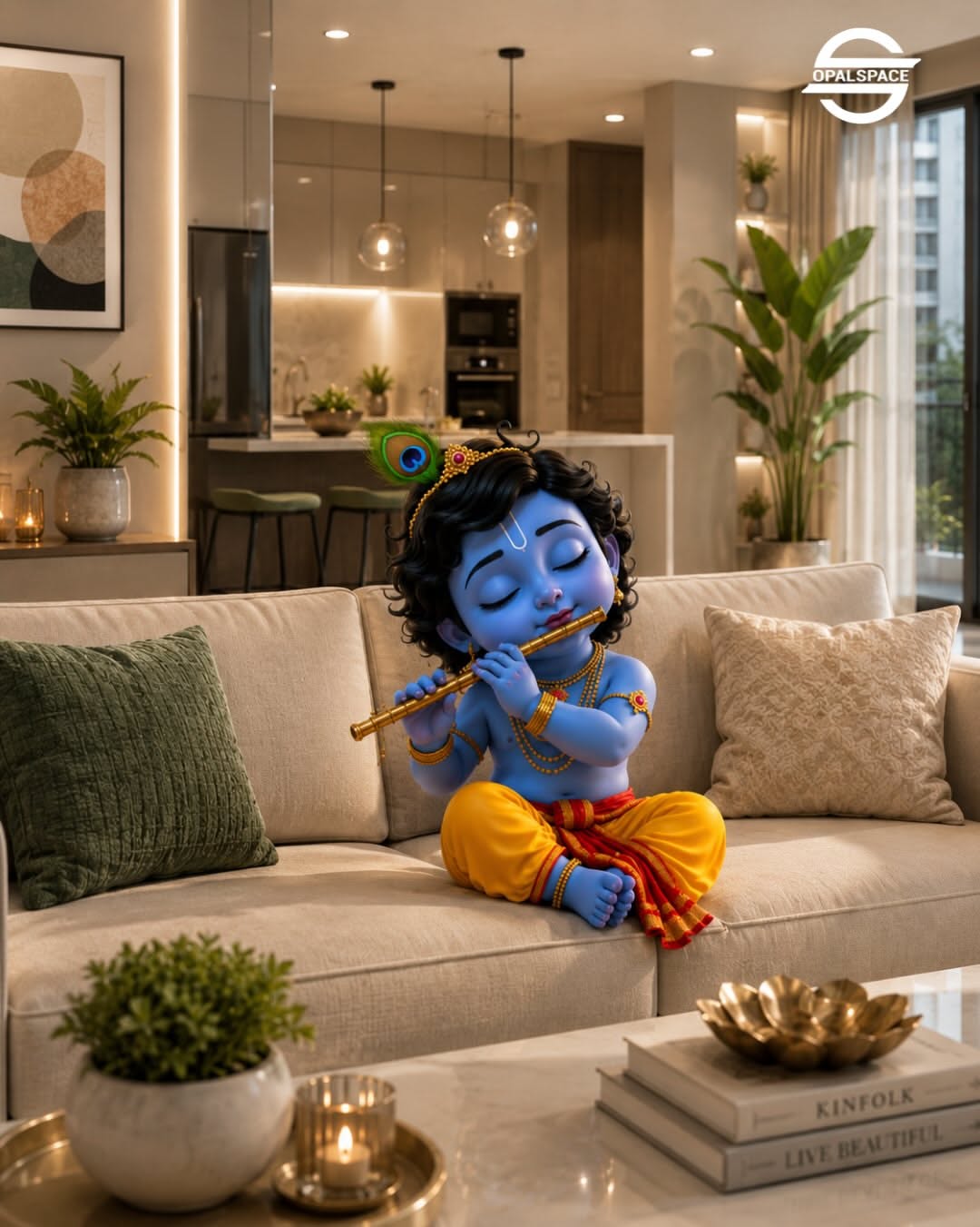 Baby Krishna peeking from behind a door in a modern home