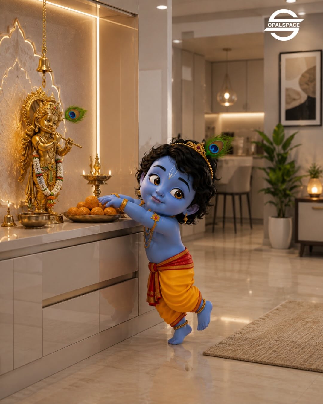 Baby Krishna peeking from behind a door in a modern home