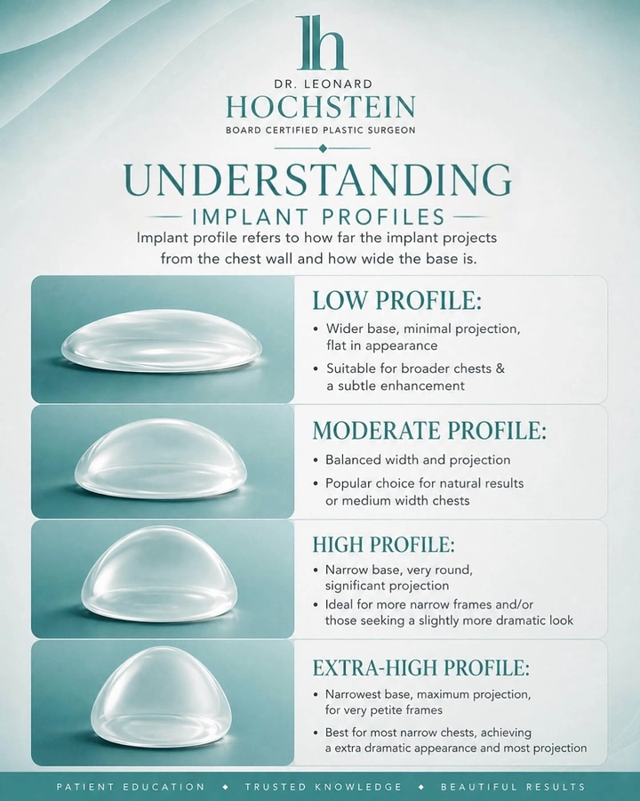 Healthcare creative ad: Four breast implant profile shapes shown in a clinical comparison infographic