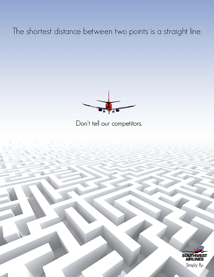 Travel creative ad: Red airliner flying straight above an endless white maze