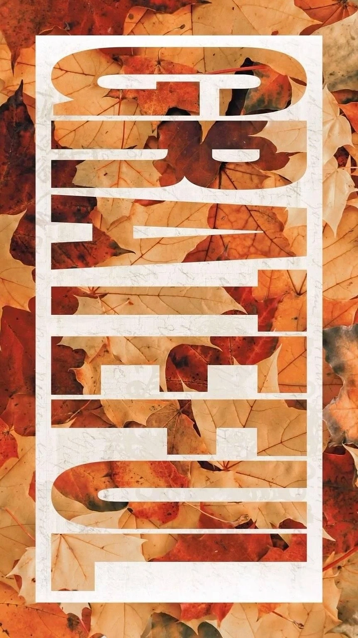 Thanksgiving creative ad: Knocked-out vertical word over a bed of autumn leaves