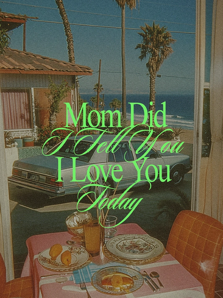 Mother's Day creative ad: Retro seaside breakfast table viewed through a window, with a vintage car and palm trees