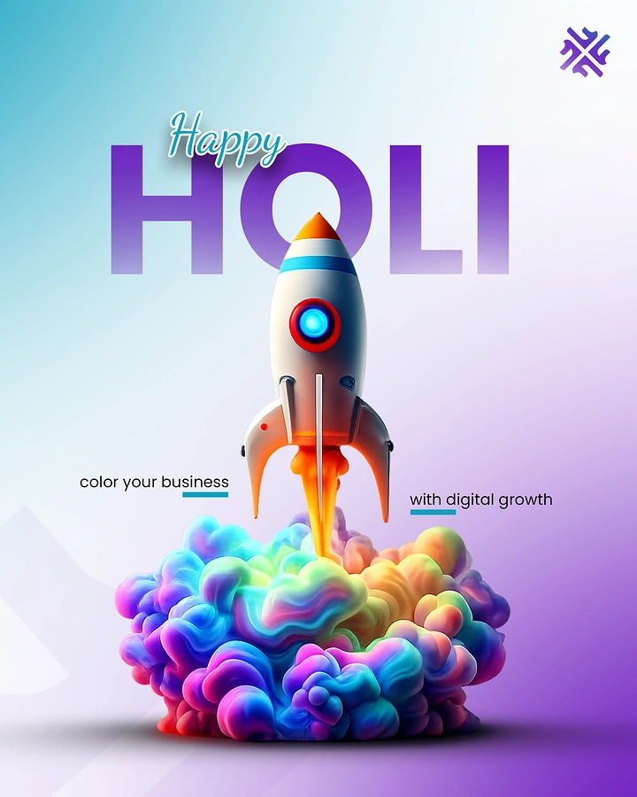 Holi creative ad: 3D rocket launching from a rainbow Holi-colour cloud