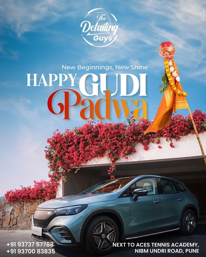 other-festival creative ad: Blue electric SUV parked under a bougainvillea-covered porch with a gudi
