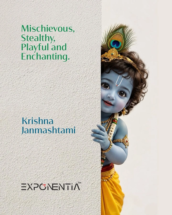 Janmashtami creative ad: Blue-skinned baby Krishna peeking from behind a wall