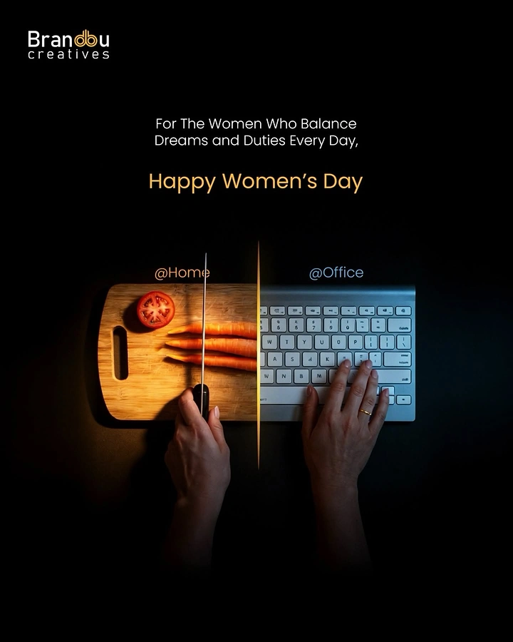 Women's Day creative ad: A woman's hands chopping vegetables on one side and typing on a keyboard on the other