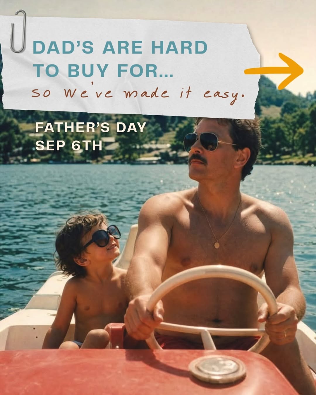 Retro photo of a dad and son in sunglasses steering a pedal boat on a lake