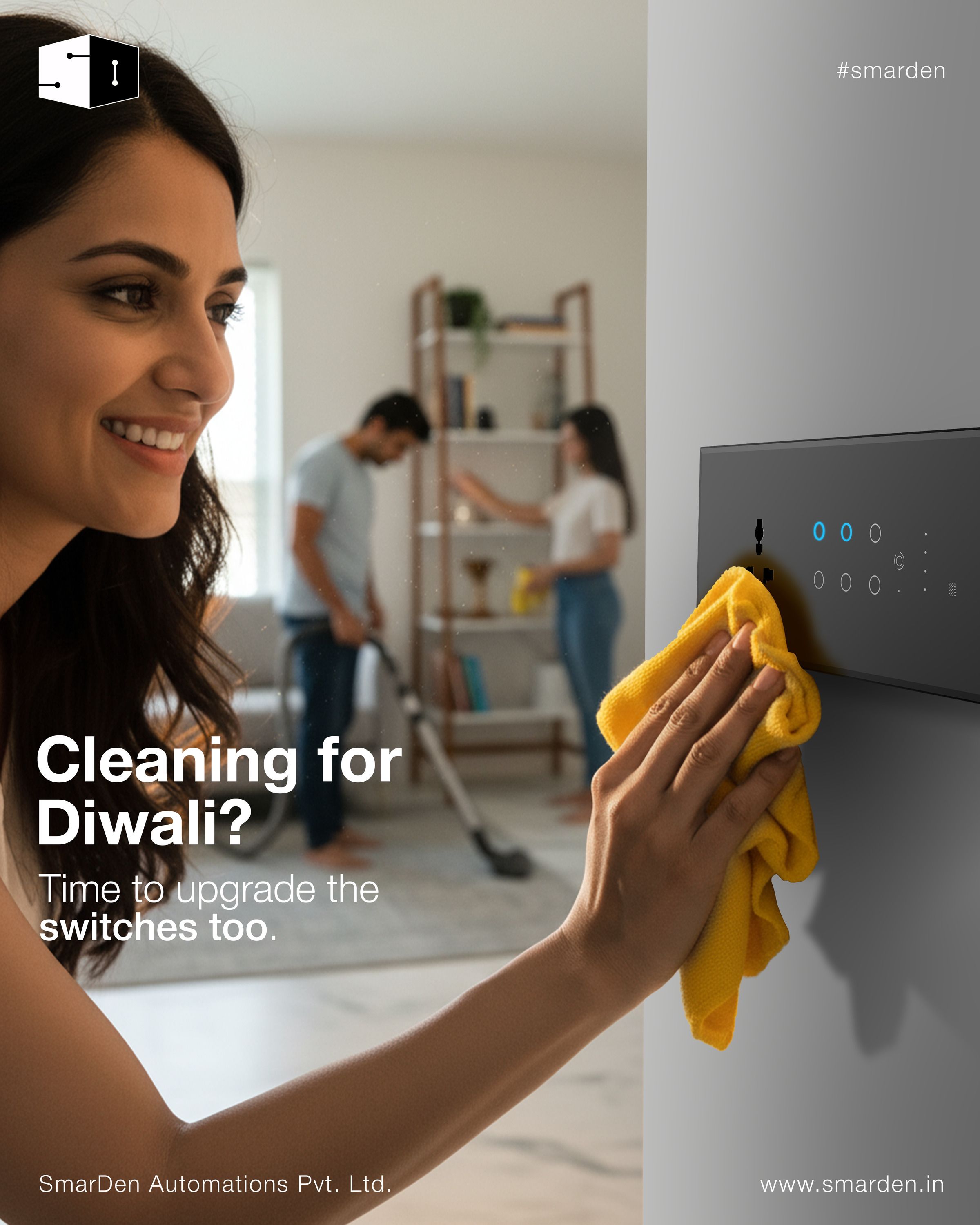 Diwali Instagram post: Smiling woman wiping a glass smart switch panel on a wall
