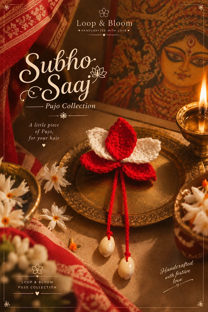 Durga Puja creative ad: Red and white crochet lotus hair clip on a brass plate
