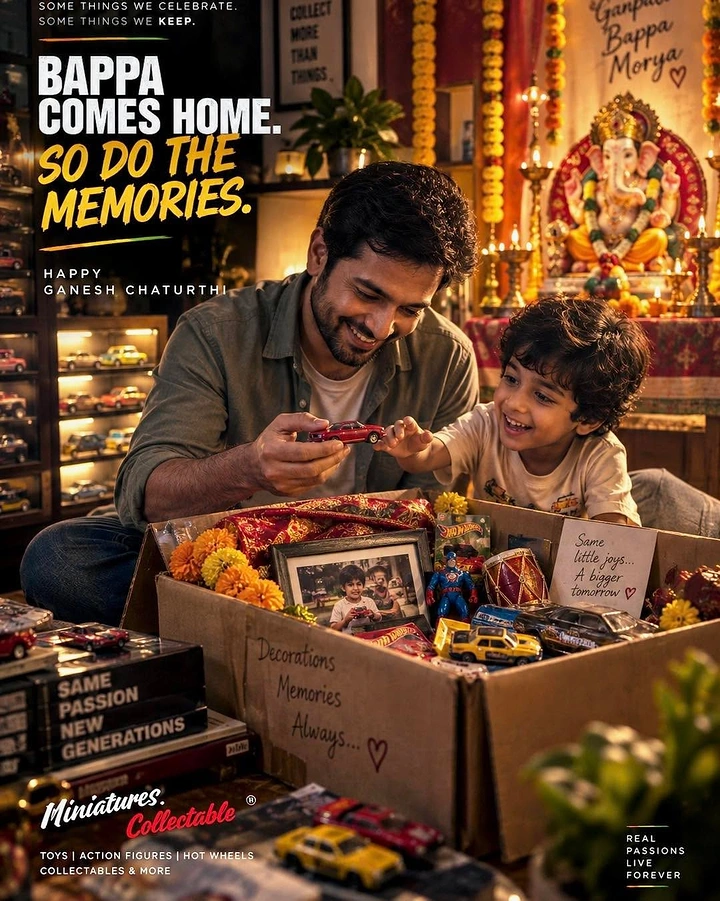 Ganesh Chaturthi creative ad: A father and child unpacking toys beside a home shrine during Ganesh Chaturthi