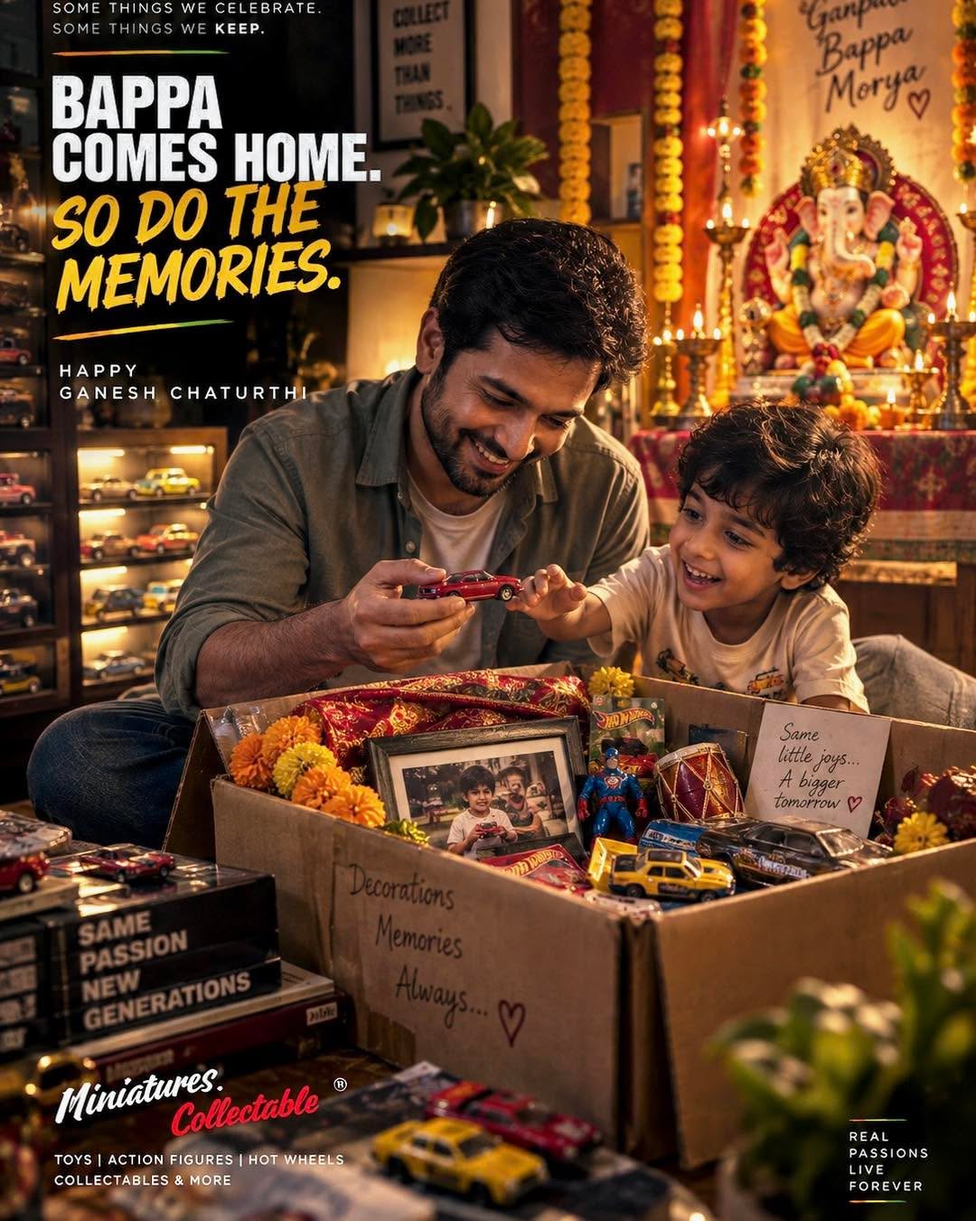 Ganesh Chaturthi Poster: A father and child unpacking toys beside a home shrine during Ganesh Chaturthi