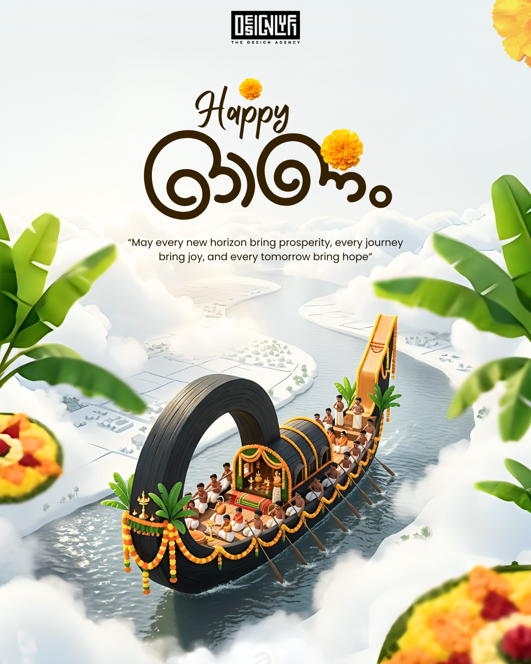 Miniature Kerala snake boat with rowers sailing through clouds