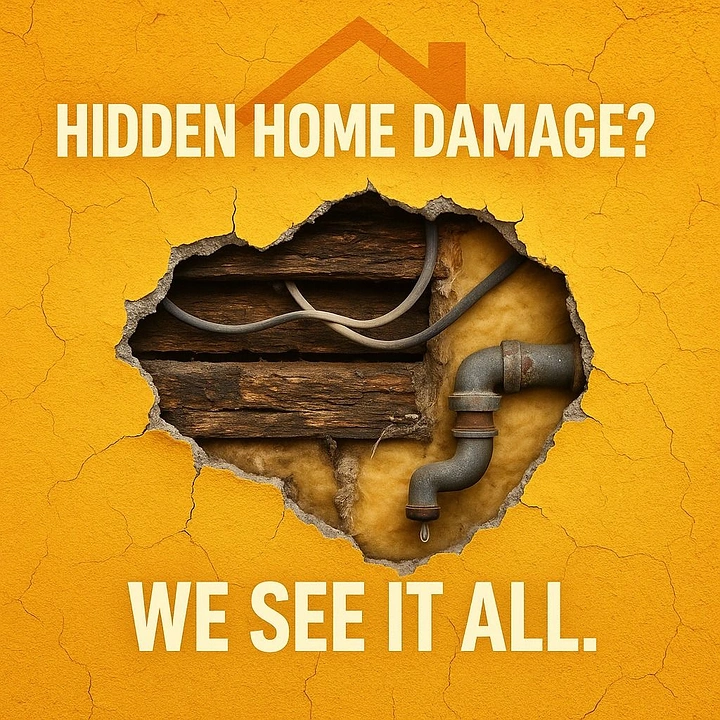 Home Inspectors creative ad: Hole in wall revealing rotten wood, wires and leaking pipe