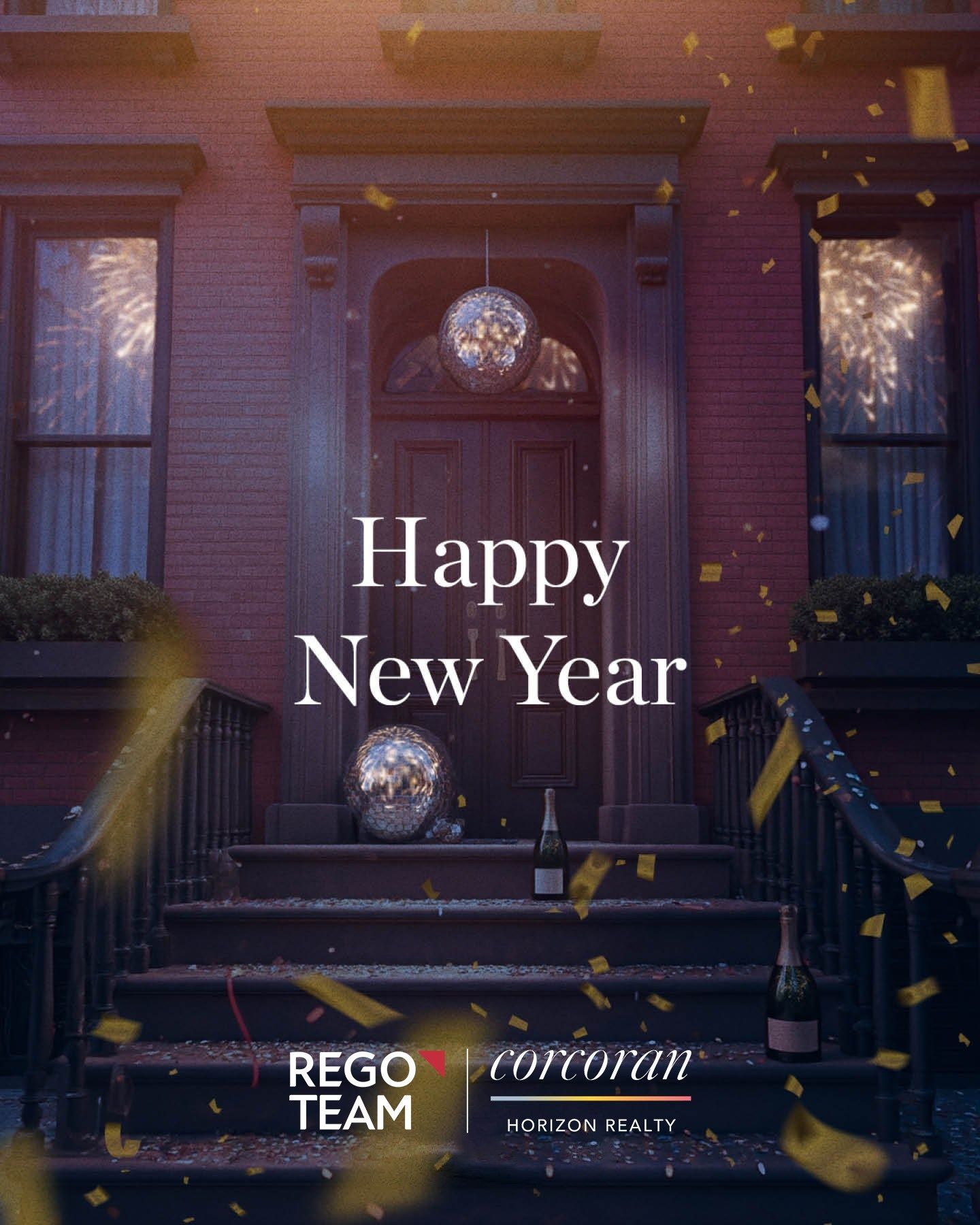New Year Instagram post: Brownstone front stoop with disco balls, champagne and confetti