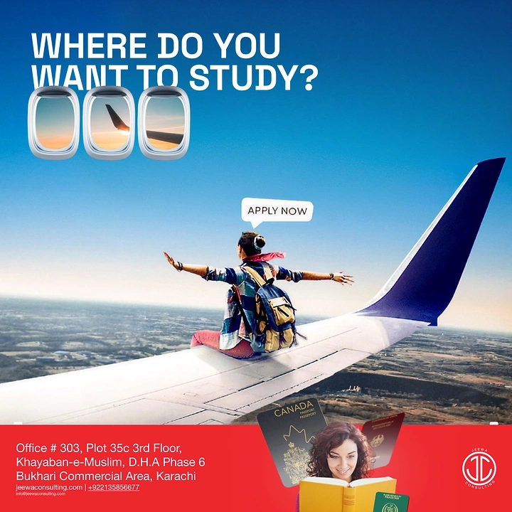Study Abroad Consultants creative ad: Student jumps into study destinations