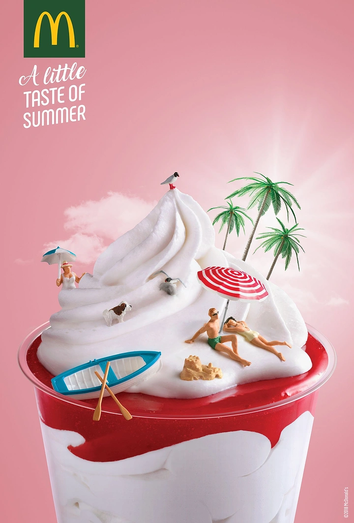 Fast Food creative ad: Soft-serve sundae turned into a miniature beach scene