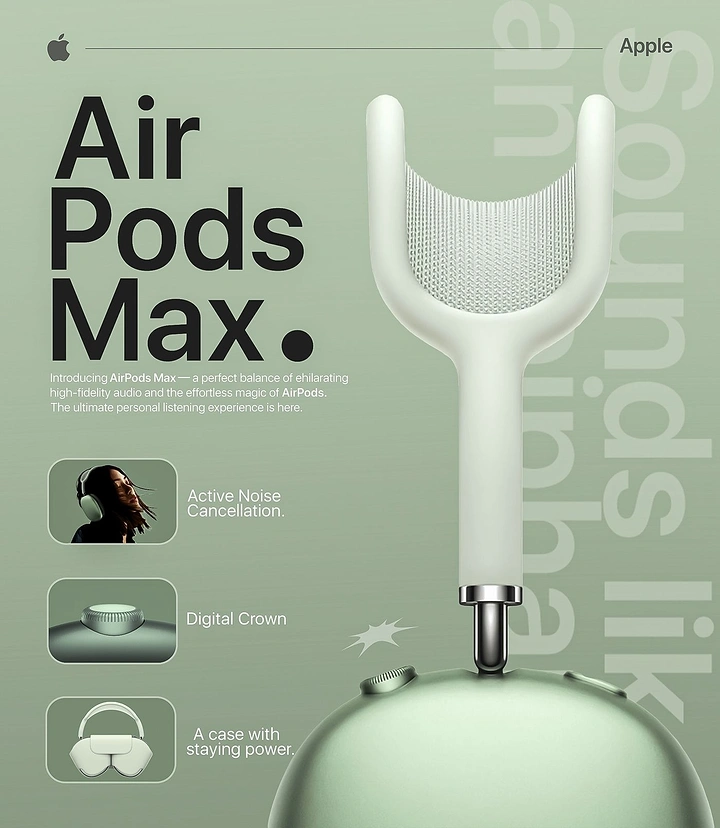Creative ad: Extreme close-up of a sage-green headphone ear cup and its stem