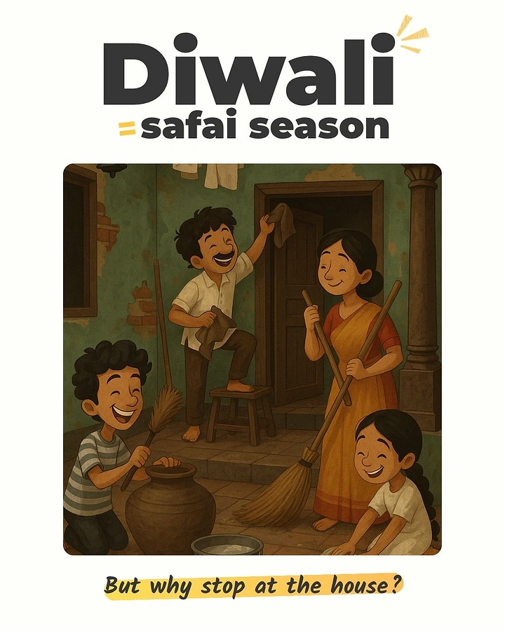Diwali creative ad: Illustrated family cleaning their home together