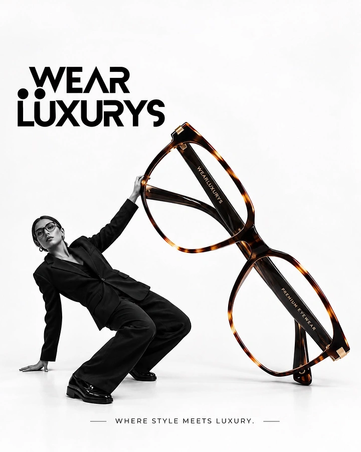 Creative ad: Monochrome model in suit propping up giant tortoiseshell glasses