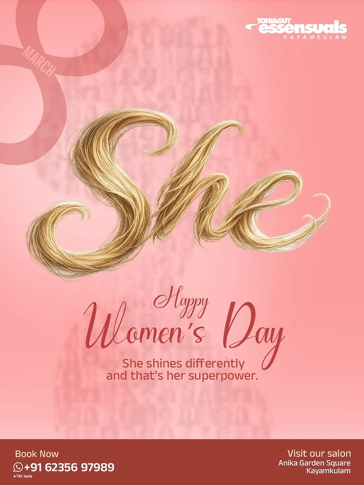 Women's Day creative ad: The word 'She' formed from realistic blonde hair strands