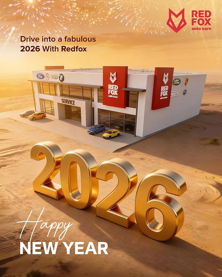 New Year creative ad: Car service centre in golden desert with giant gold 2026 numerals