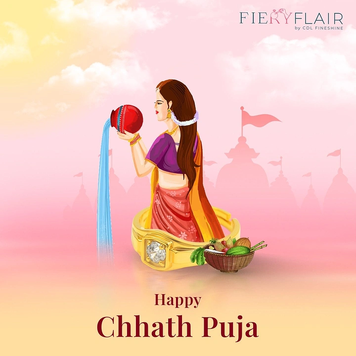 Chhath Puja creative ad: Woman offering water arghya seated inside a giant gold solitaire ring