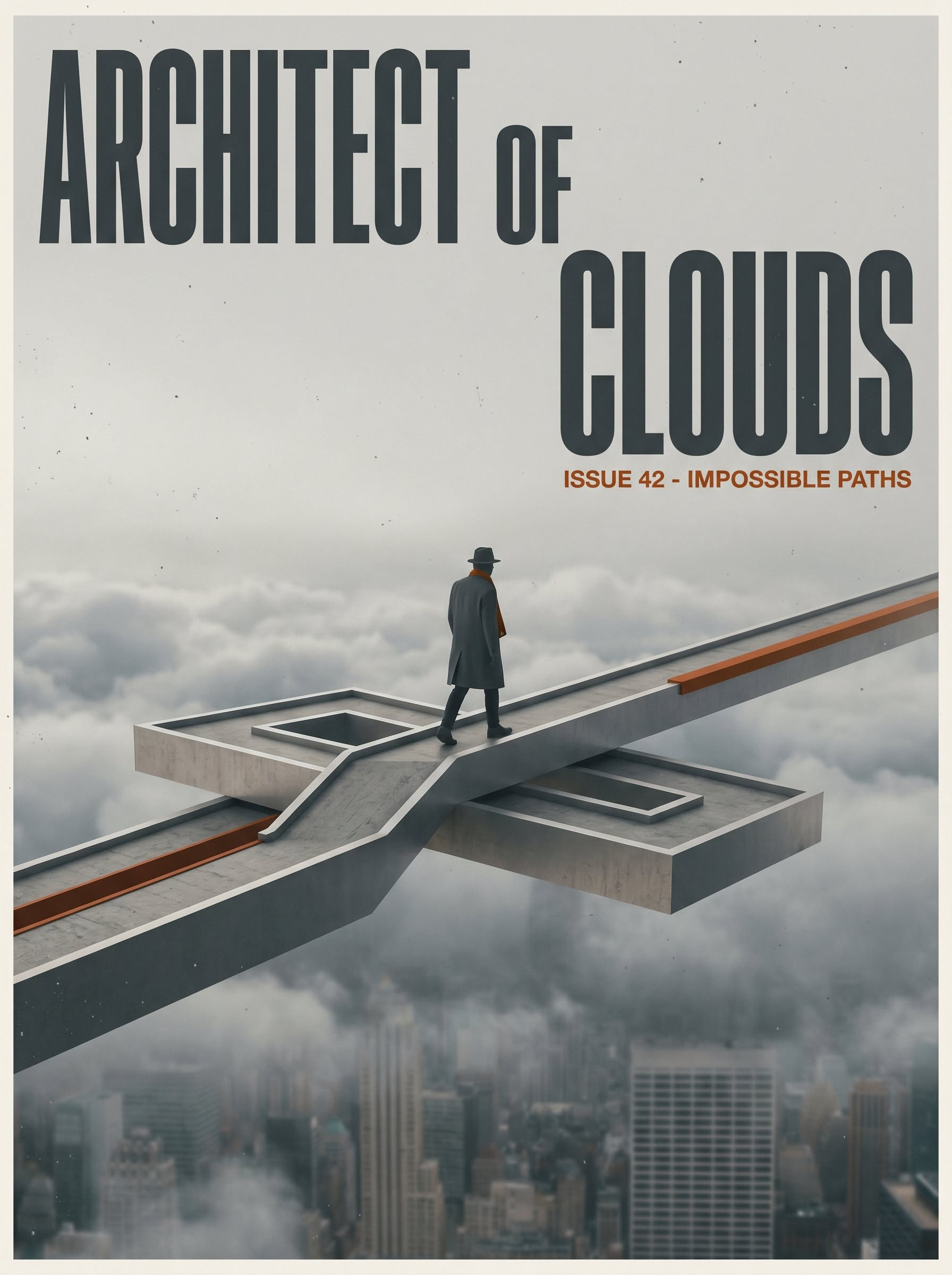 Poster: Man walking on surreal floating concrete walkway above clouds