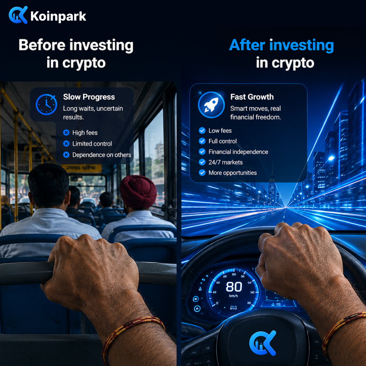 Instagram post: Before/after: bus vs sports car crypto