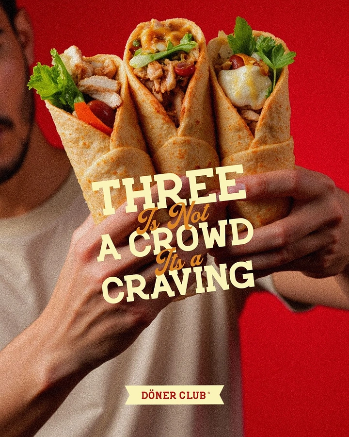 Arabic & Middle Eastern Restaurants creative ad: Three-wrap grouping sells a witty craving pun
