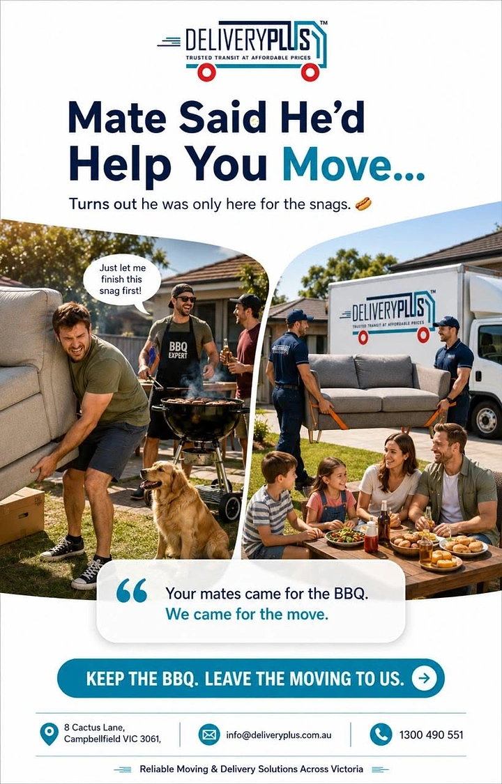 Movers & Packers creative ad: Witty BBQ mates vs movers split copy