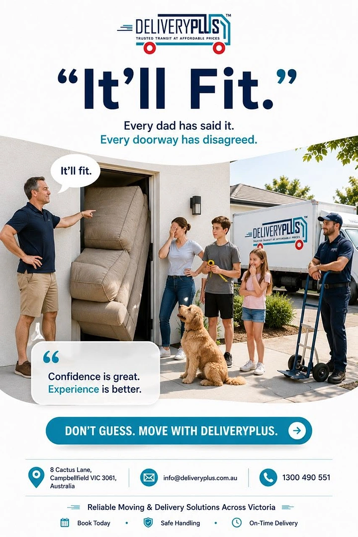 Movers & Packers creative ad: Witty 'It'll Fit' dad-joke doorway copy