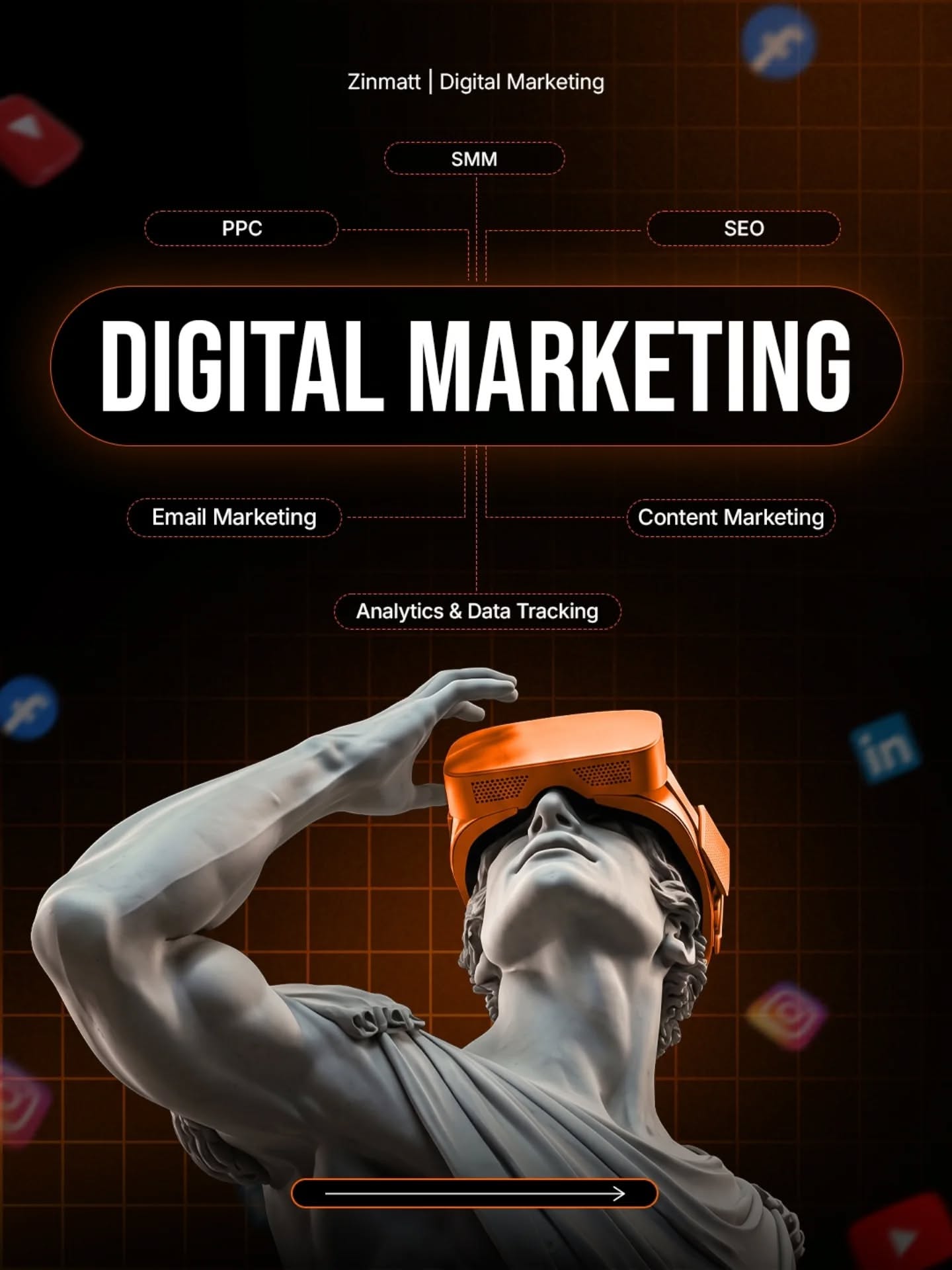 Instagram post: Classical statue in VR headset, service map, slide 1