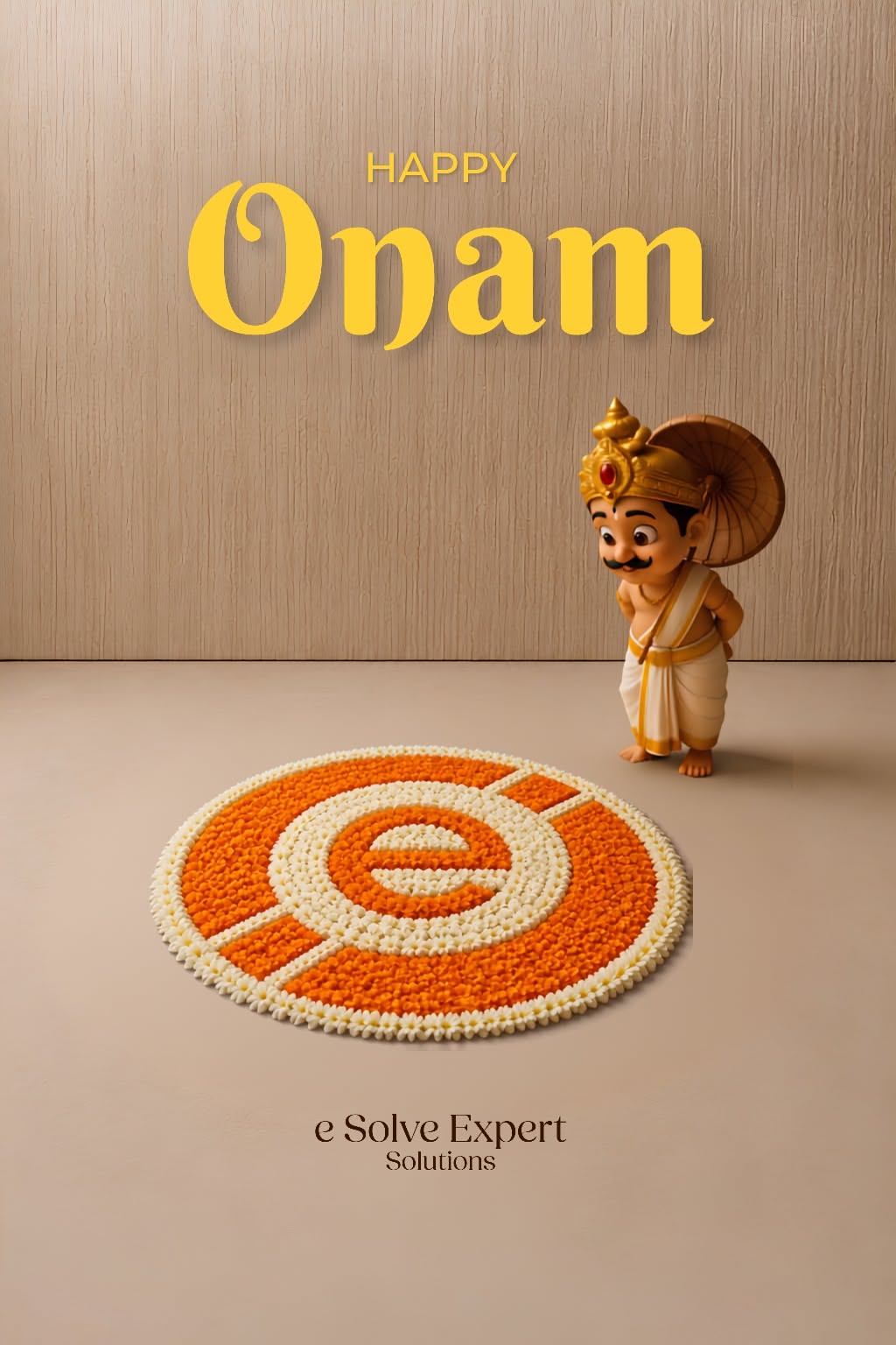 3D Mahabali character looking at a floral pookalam shaped like a logo