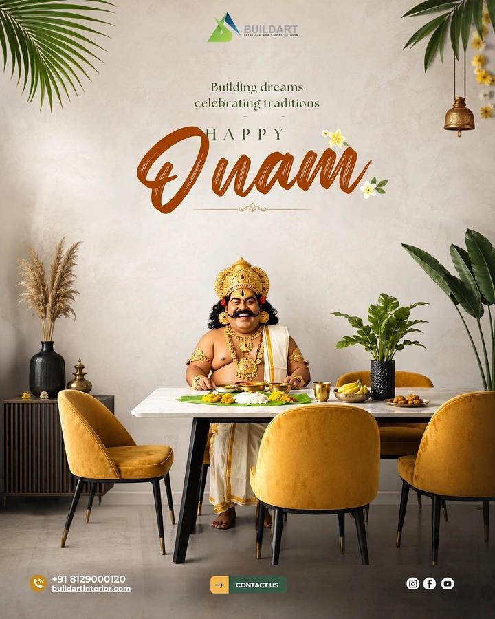 Onam creative ad: Mahabali seated at a modern dining table with an Onam sadya