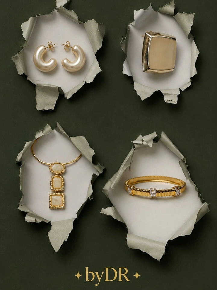 Creative ad: Four gold jewelry pieces revealed through torn paper holes