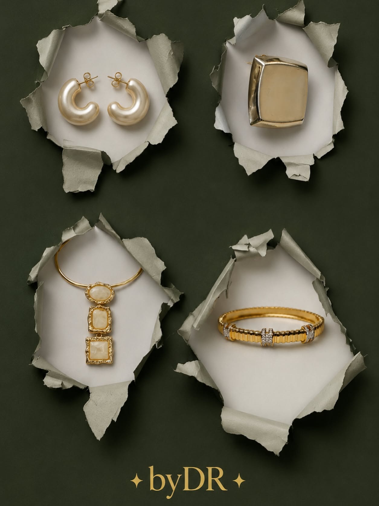 Instagram post: Four gold jewelry pieces revealed through torn paper holes