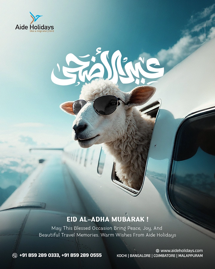 Eid Al Adha creative ad: Sheep in sunglasses flying, travel brand pun