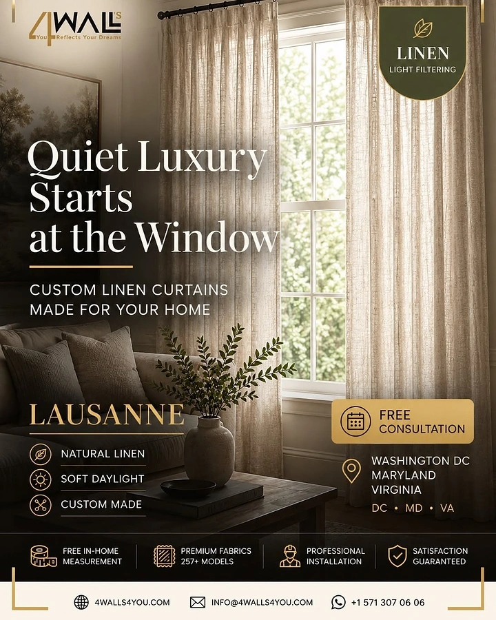 Curtains & Blinds creative ad: Sheer linen curtains on a sunlit window in a moody living room