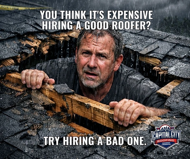Roofing creative ad: Man falling through roof; bad-roofer cost pun