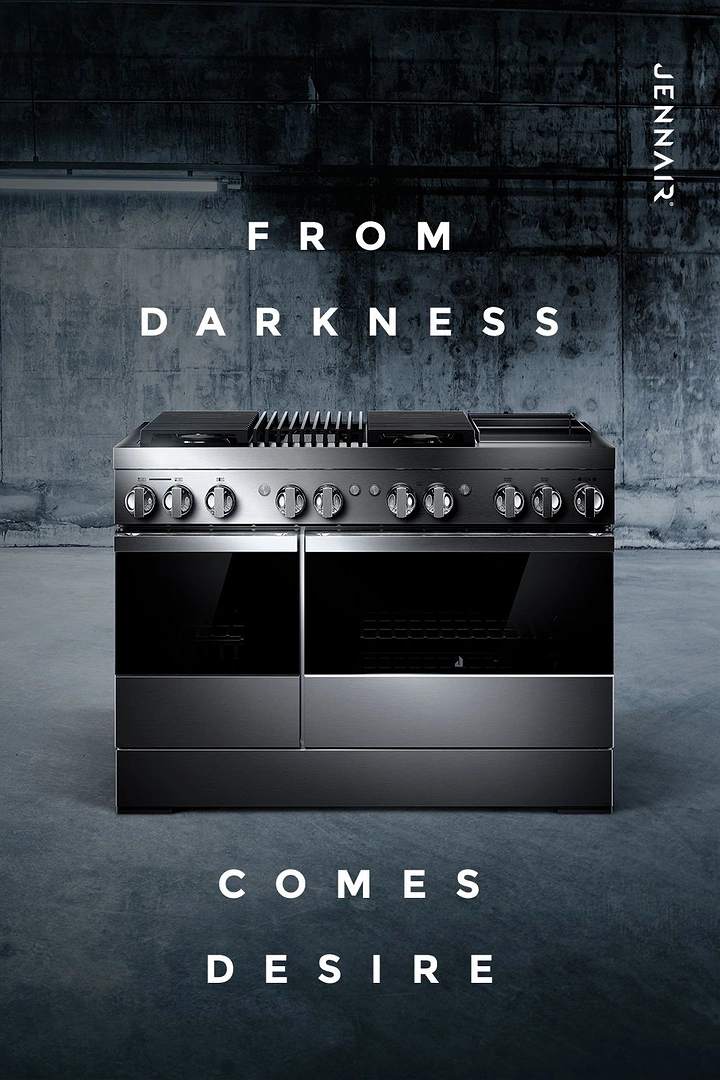 Home Appliances creative ad: Dramatic dark range, 'darkness comes desire'