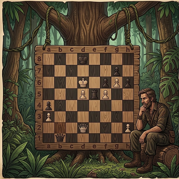 Board Games & Game Cafes creative ad: Chessboard merged with jungle illustration